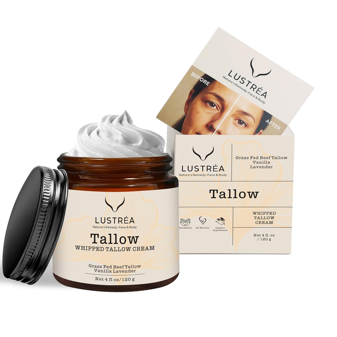 LUSTRÉA Whipped Tallow Cream jar — one grass-fed tallow cream available in Fragrance-Free, Vanilla and Lavender, and Fresh Clean Cloud scents