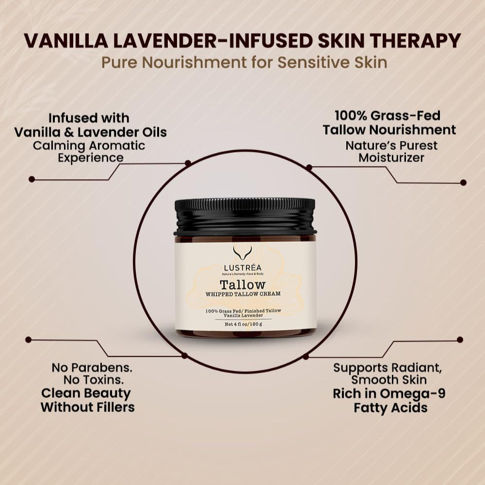 LUSTRÉA Whipped Tallow Balm – 4oz | Grass-Fed Organic Moisturizer with Vanilla & Lavender