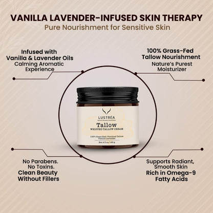 LUSTRÉA Whipped Tallow Balm – 4oz | Grass-Fed Organic Moisturizer with Vanilla & Lavender