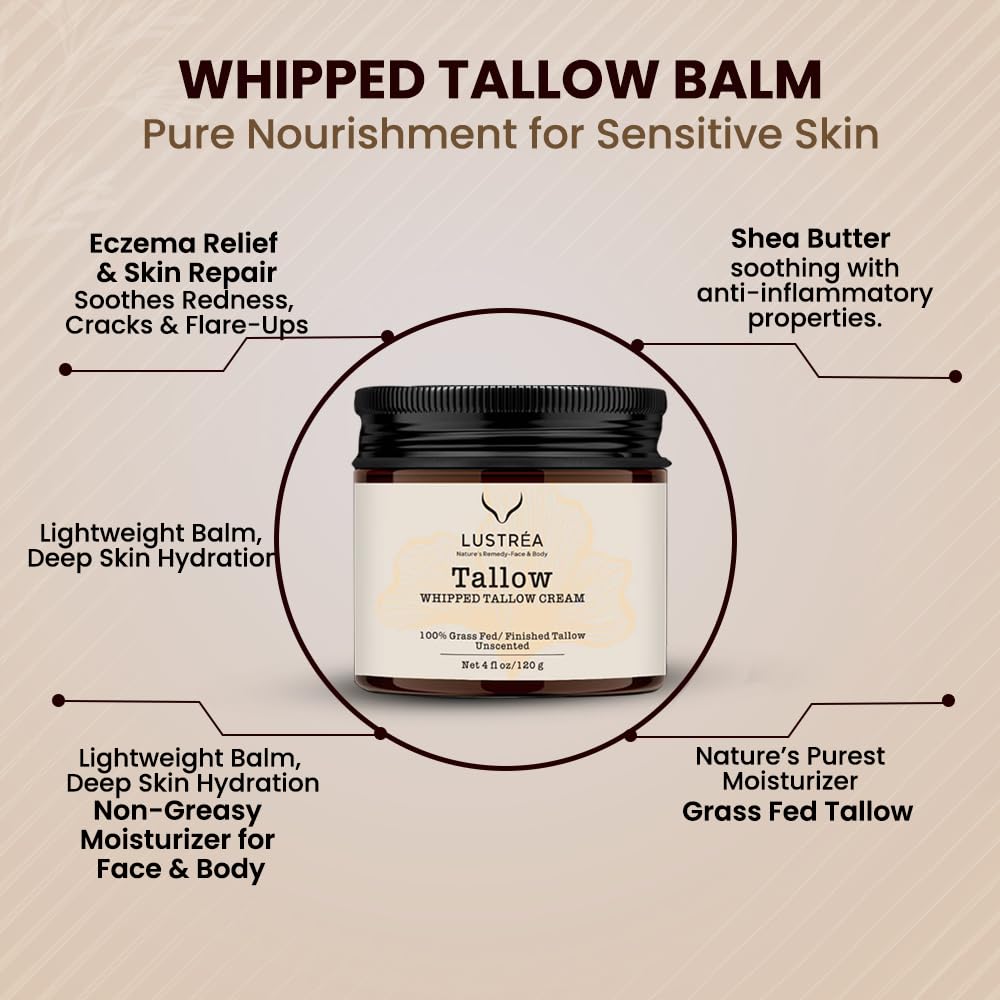 LUSTRÉA Whipped Tallow Balm – 4oz | Grass-Fed Organic Moisturizer with Vanilla & Lavender