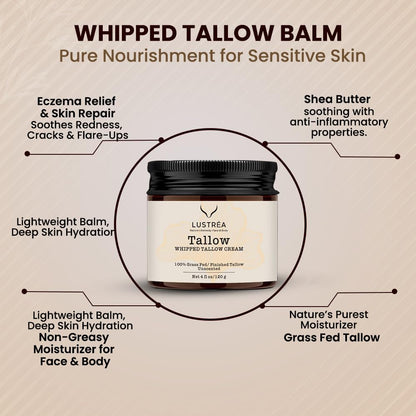 LUSTRÉA Whipped Tallow Balm – 4oz | Grass-Fed Organic Moisturizer with Vanilla & Lavender