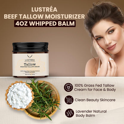 LUSTRÉA Whipped Tallow Balm – 4oz | Grass-Fed Organic Moisturizer with Vanilla & Lavender