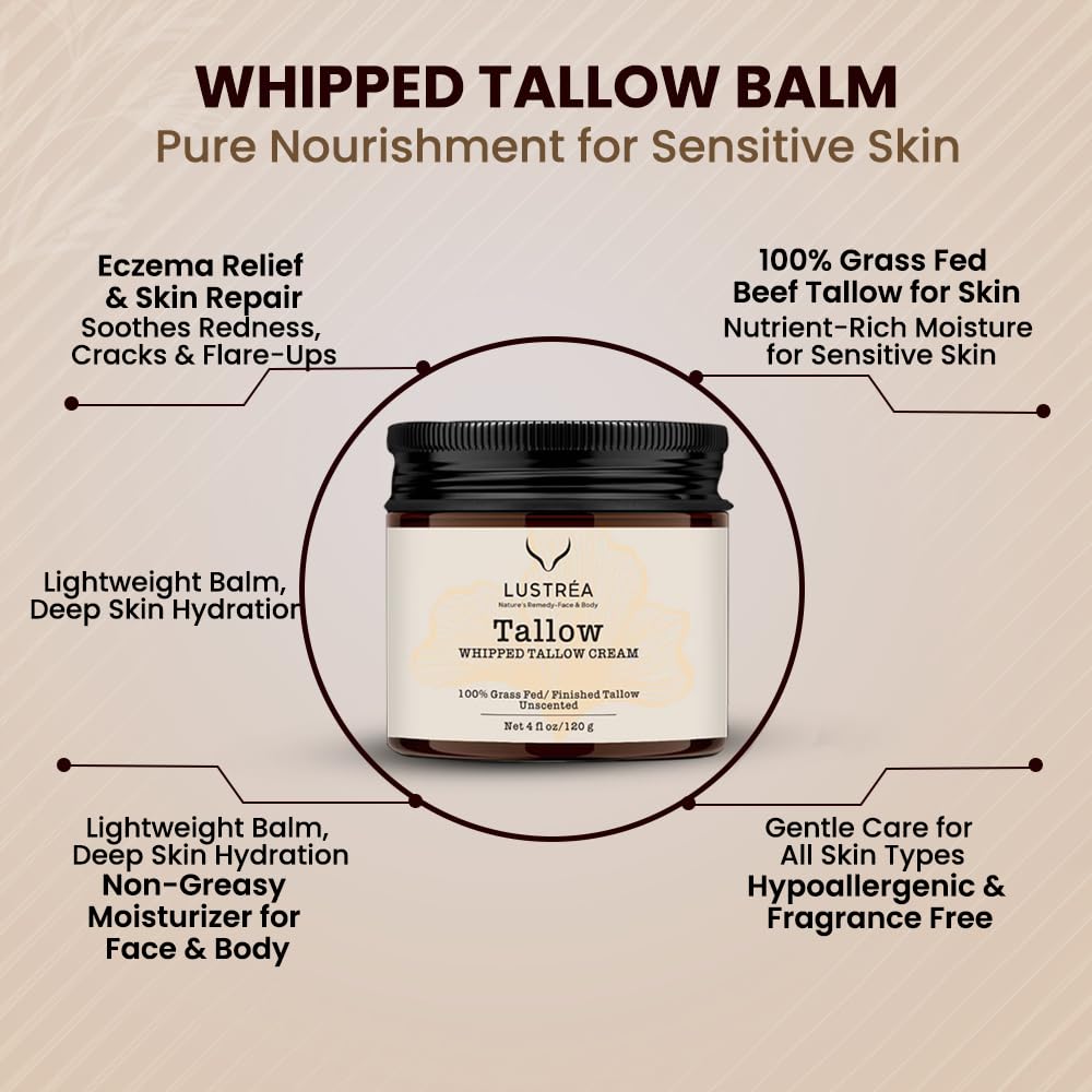 LUSTRÉA Whipped Tallow Cream – 4oz | Grass-Fed Organic Fragrance-Free Balm