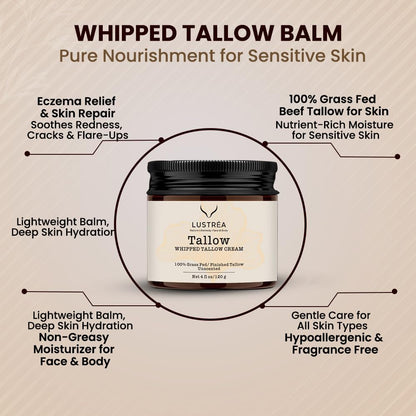 LUSTRÉA Whipped Tallow Cream – 4oz | Grass-Fed Organic Fragrance-Free Balm
