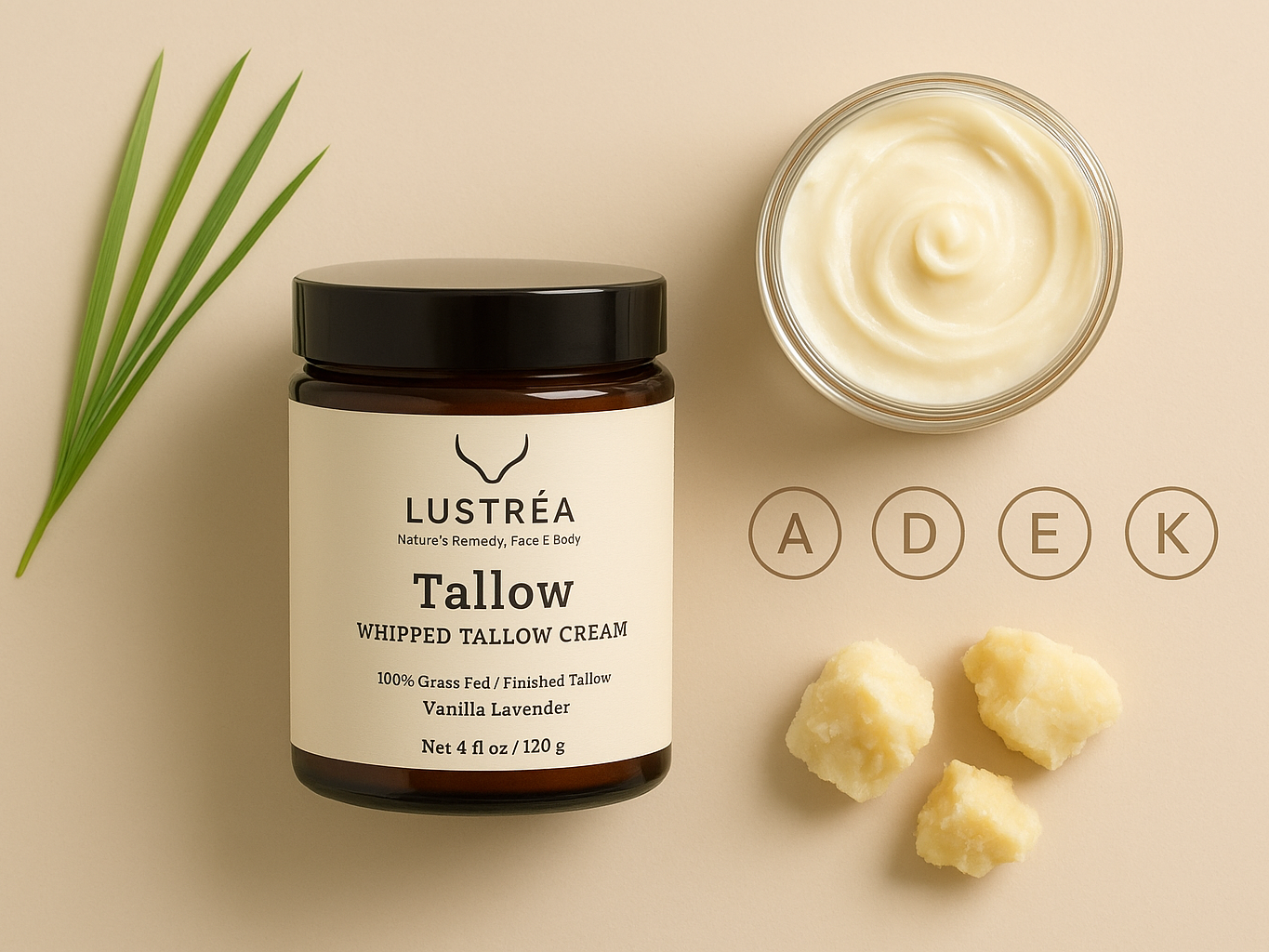 LUSTRÉA Whipped Tallow Balm – 4oz | Grass-Fed Organic Moisturizer with Vanilla & Lavender