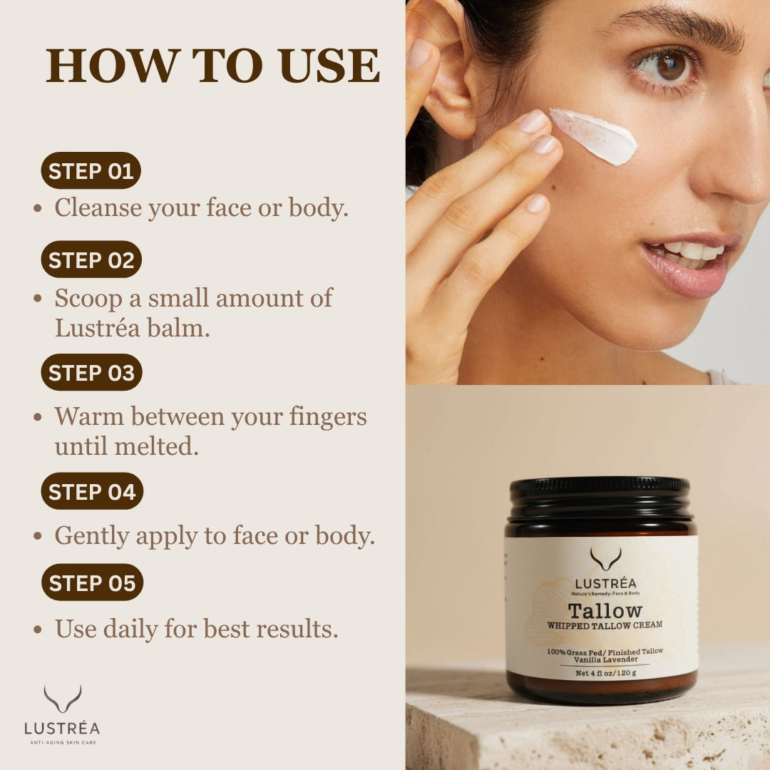 LUSTRÉA Whipped Tallow Balm – 4oz | Grass-Fed Organic Moisturizer with Vanilla & Lavender