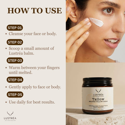 LUSTRÉA Whipped Tallow Balm – 4oz | Grass-Fed Organic Moisturizer with Vanilla & Lavender