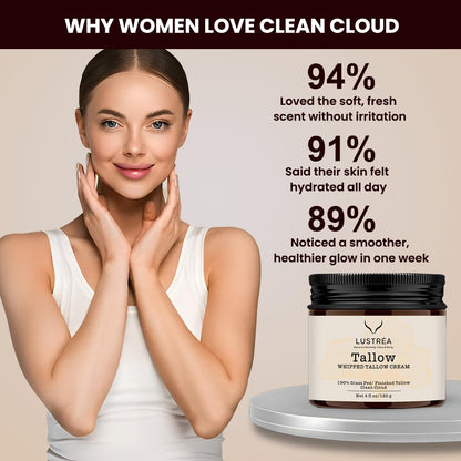 LUSTRÉA Whipped Tallow Cream – 4oz  Grass-Fed Organic Moisturizer with Fresh Clean Cloud Scent