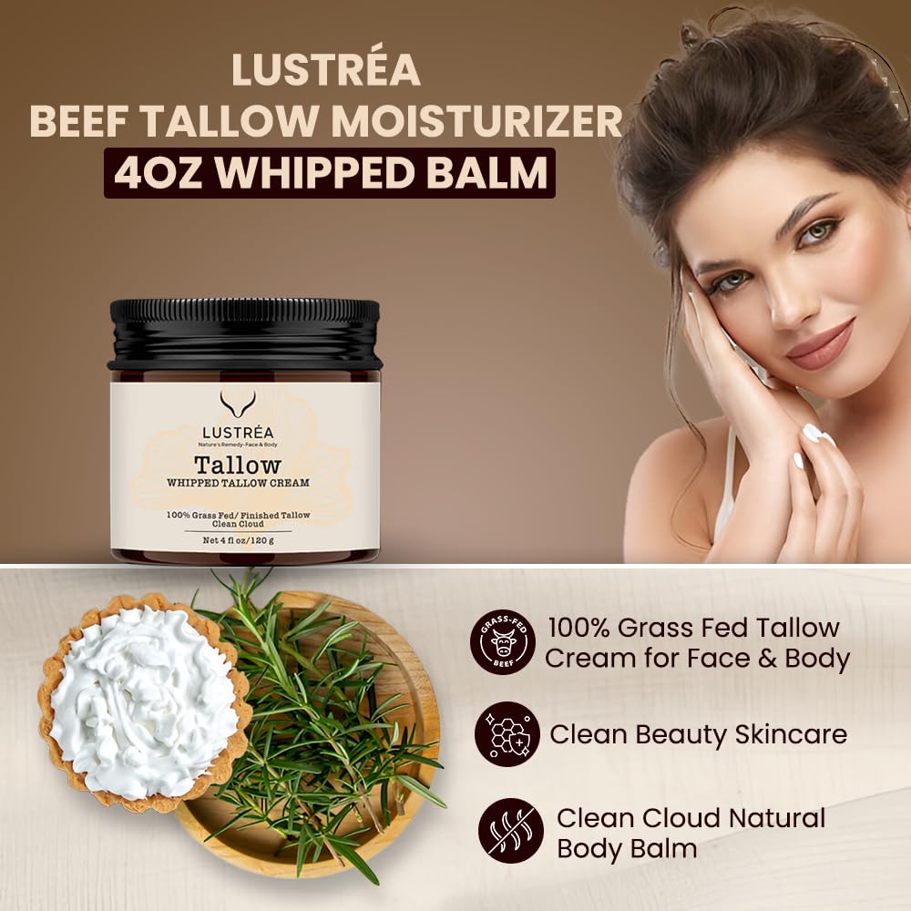 LUSTRÉA Whipped Tallow Cream – 4oz  Grass-Fed Organic Moisturizer with Fresh Clean Cloud Scent