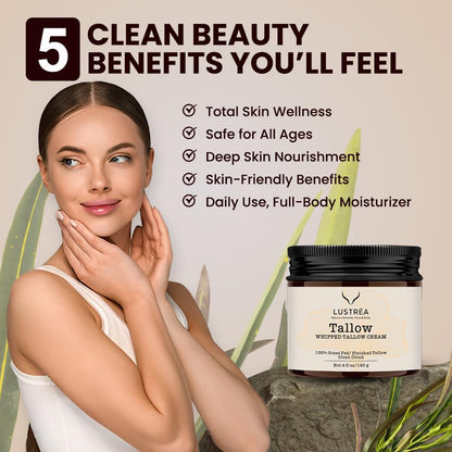 LUSTRÉA Whipped Tallow Cream – 4oz  Grass-Fed Organic Moisturizer with Fresh Clean Cloud Scent