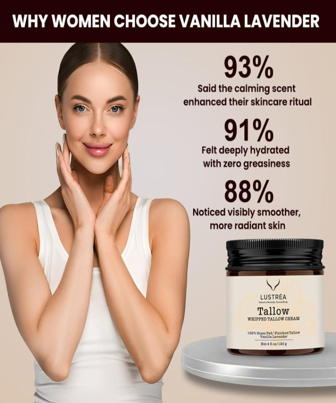 LUSTRÉA Whipped Tallow Balm – 4oz | Grass-Fed Organic Moisturizer with Vanilla & Lavender